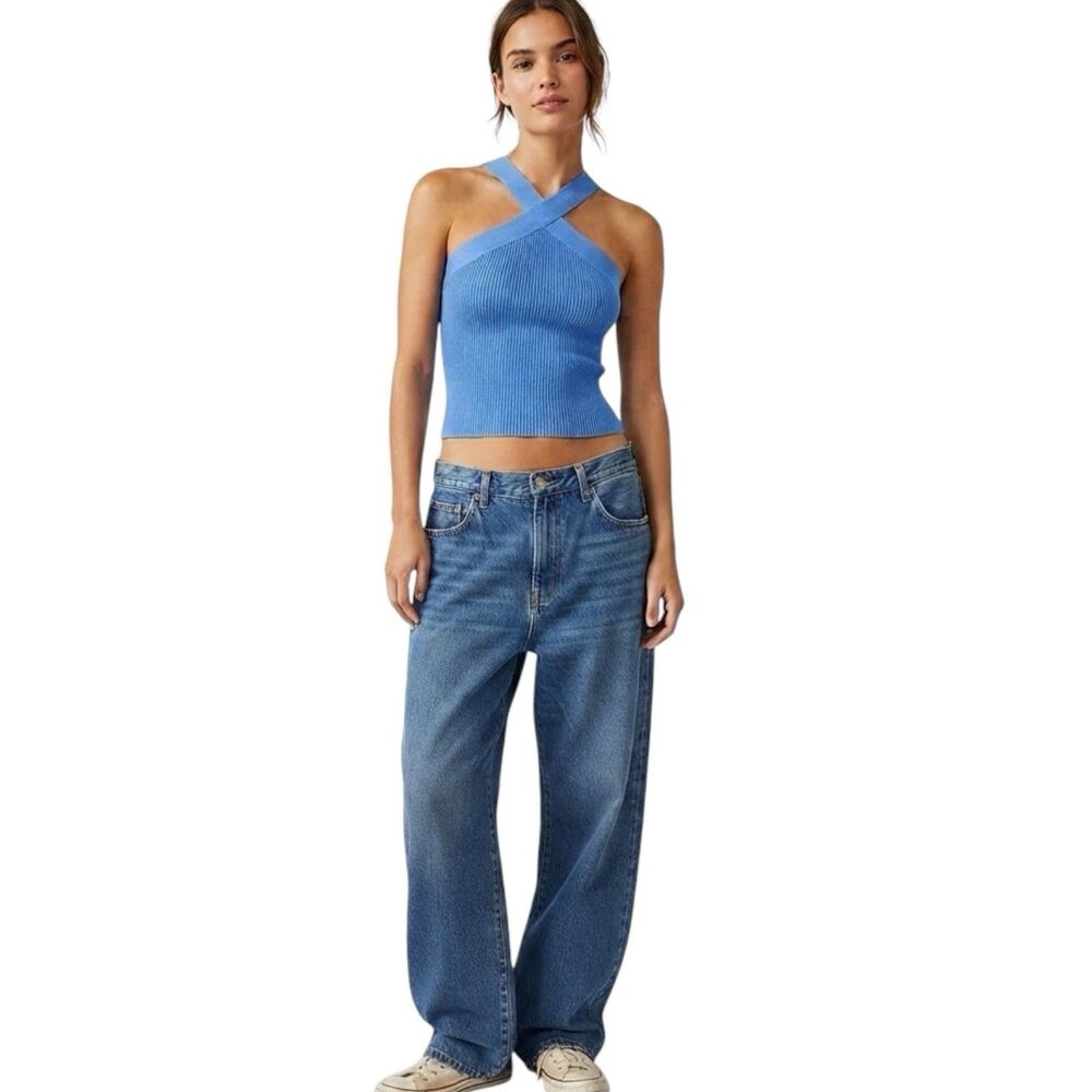 Y2k Inc International Concepts Criss Cross Top XS Tank Sculpt Knit Blue Ribbed - Picture 1 of 9